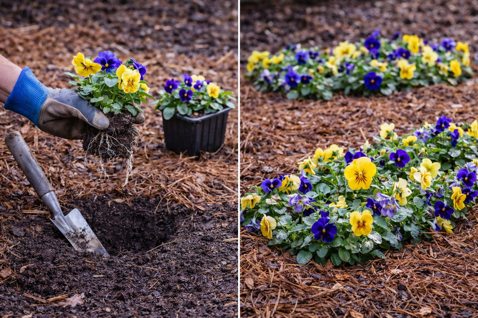 Healthy stocky pansy transplants beside leggy newly planted pansies before winter