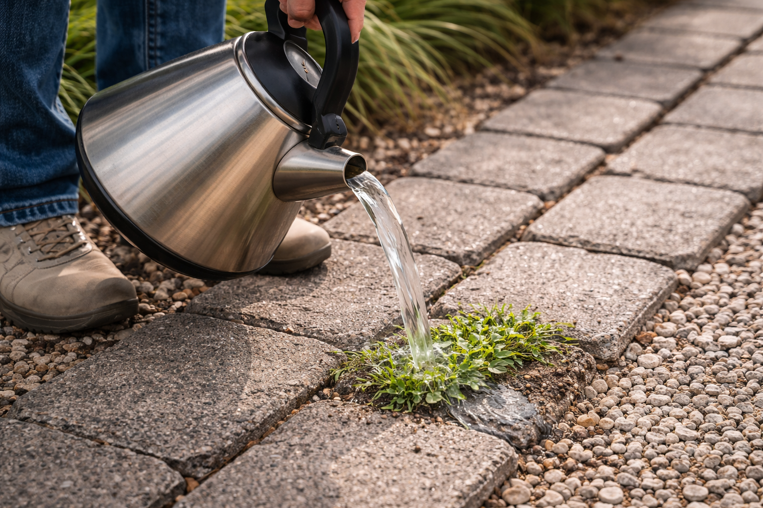 Narrow-spout kettle pouring boiling water low and carefully onto weeds in a crack