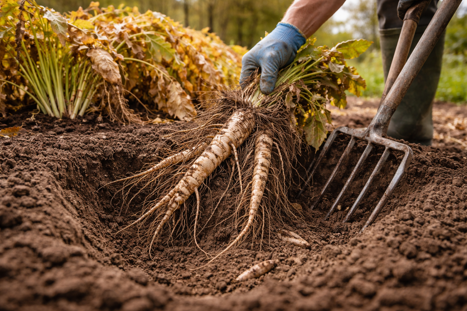 Gardener loosening soil around horseradish with a digging fork before lifting the roots