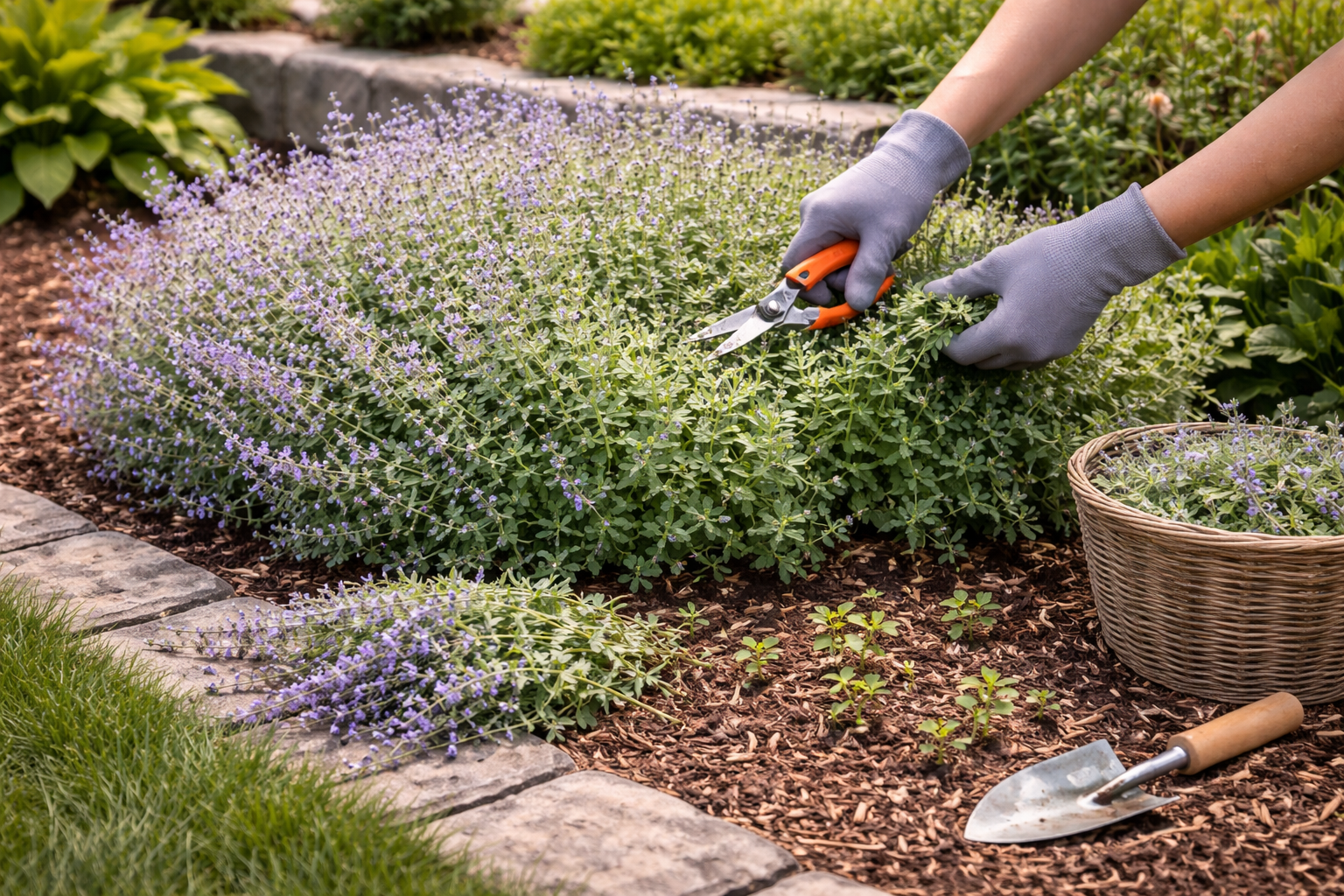 Gardener trimming back catmint after flowering to keep the plant neat