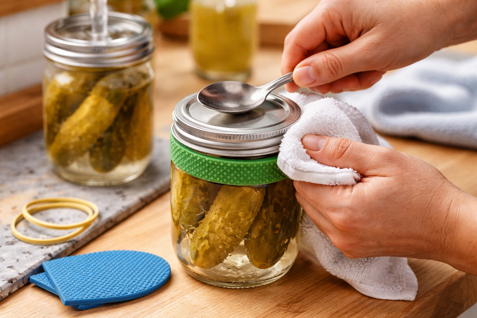 Hands opening a sealed Mason jar with a spoon and grip pad on a kitchen counter