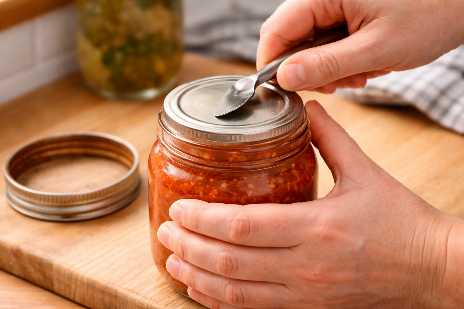 Two-piece Mason jar lid with the screw band removed and the flat lid still sealed on the jar