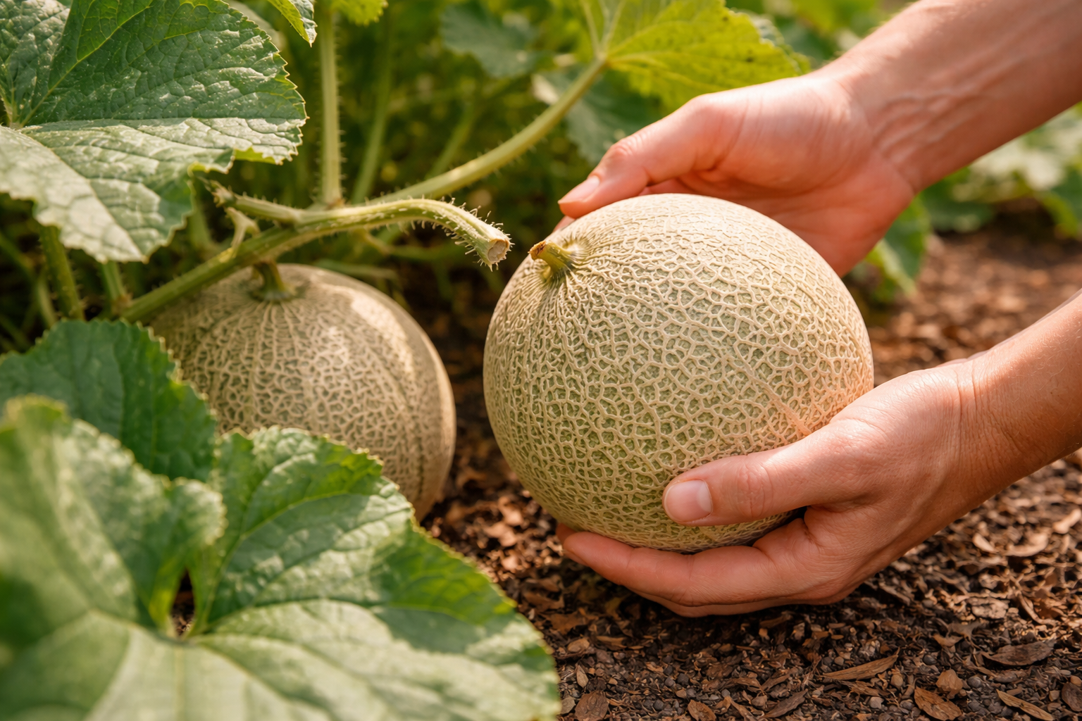Ripe cantaloupe on the vine showing full-slip harvest stage and tan netted rind