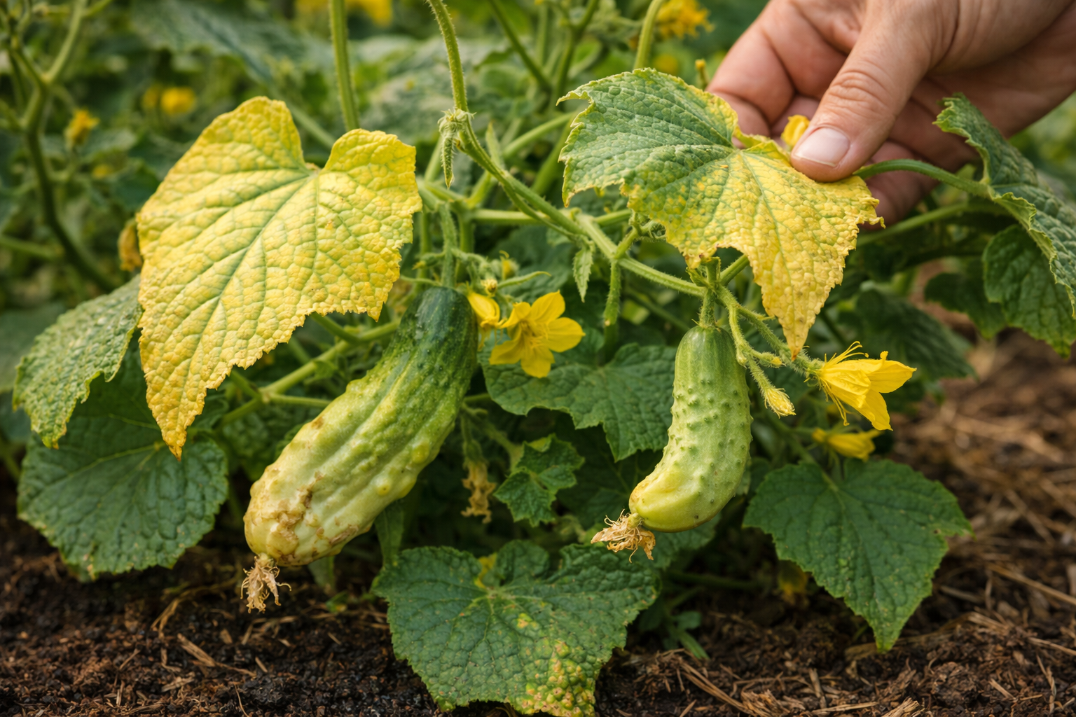 Cucumber plant with yellow leaves and misshapen fruit showing common feeding and stress symptoms