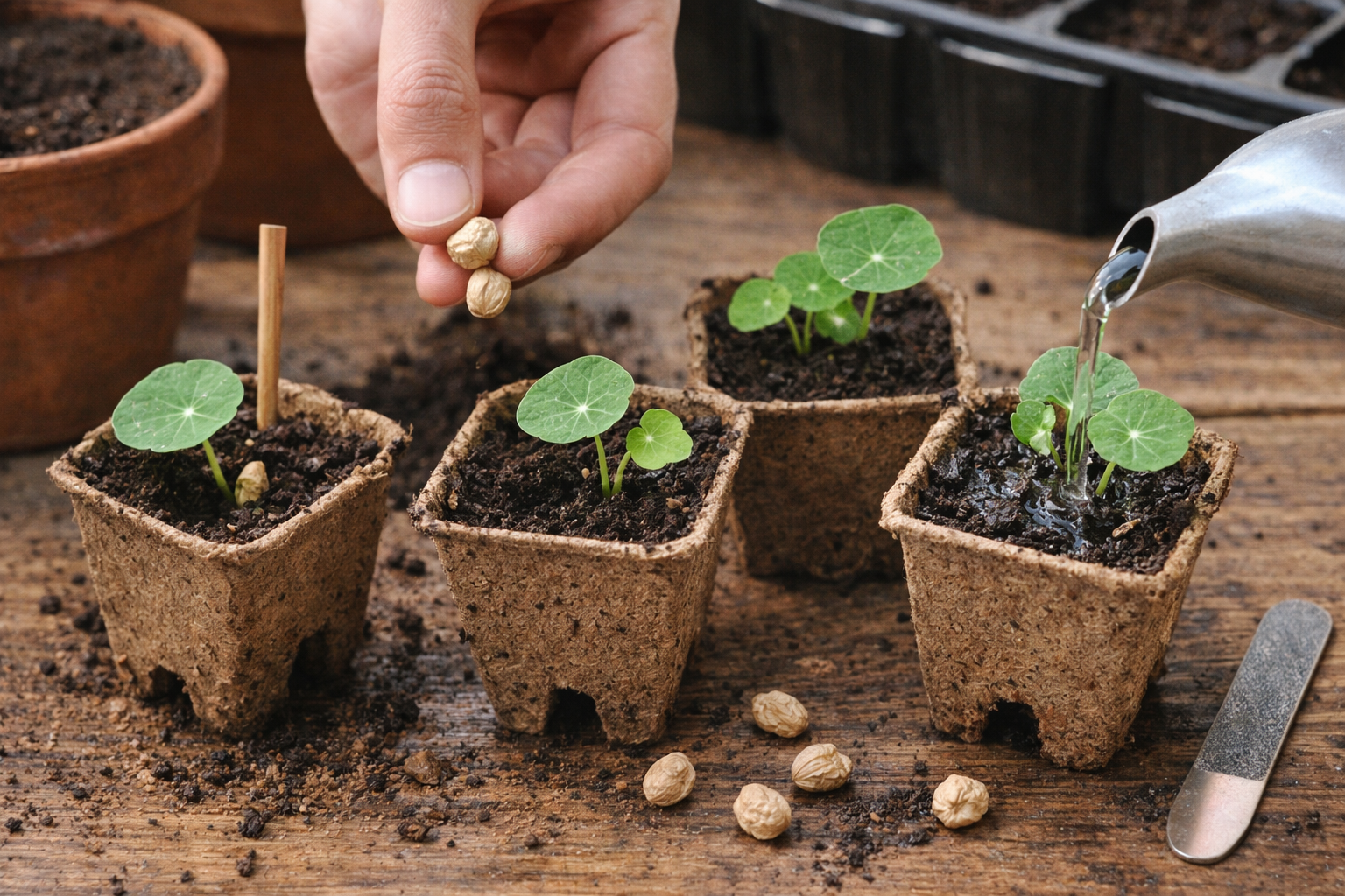 Nasturtium seeds being sown in individual cells at the correct depth with fresh seedlings emerging