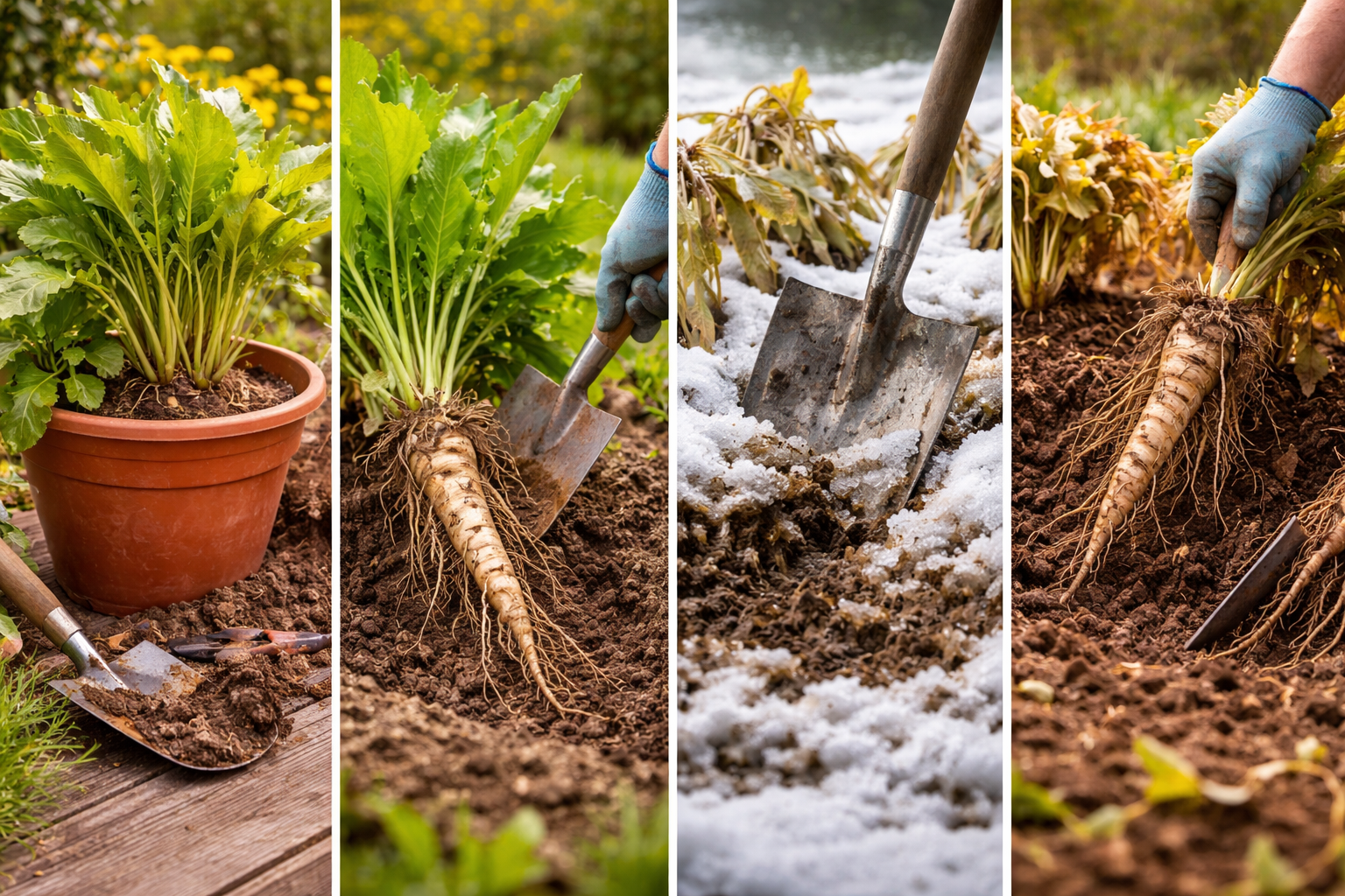 Container-grown horseradish with part of the root mass lifted for a partial harvest