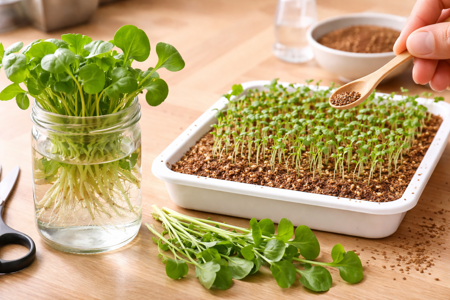 Watercress cuttings rooting in a shallow jar beside watercress seeds started on a moist growing mat