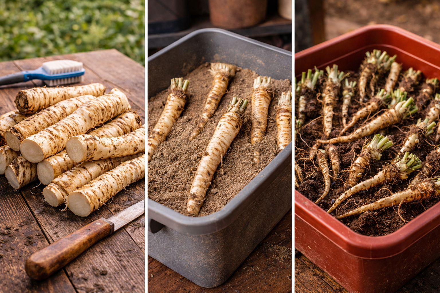 Freshly harvested horseradish roots sorted into storage roots and smaller replanting pieces