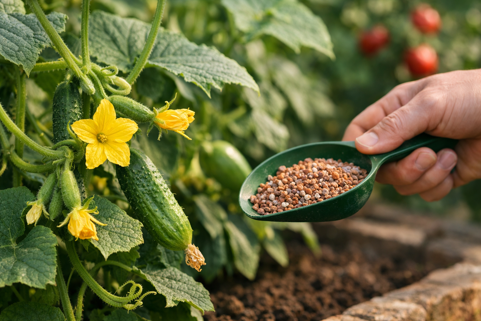 Cucumber plant with open yellow flowers and developing fruit ready for high-potash feed