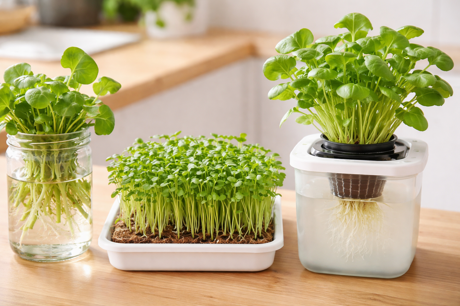Side-by-side view of watercress cuttings in water, a microgreens tray, and a small hydroponic full-plant setup