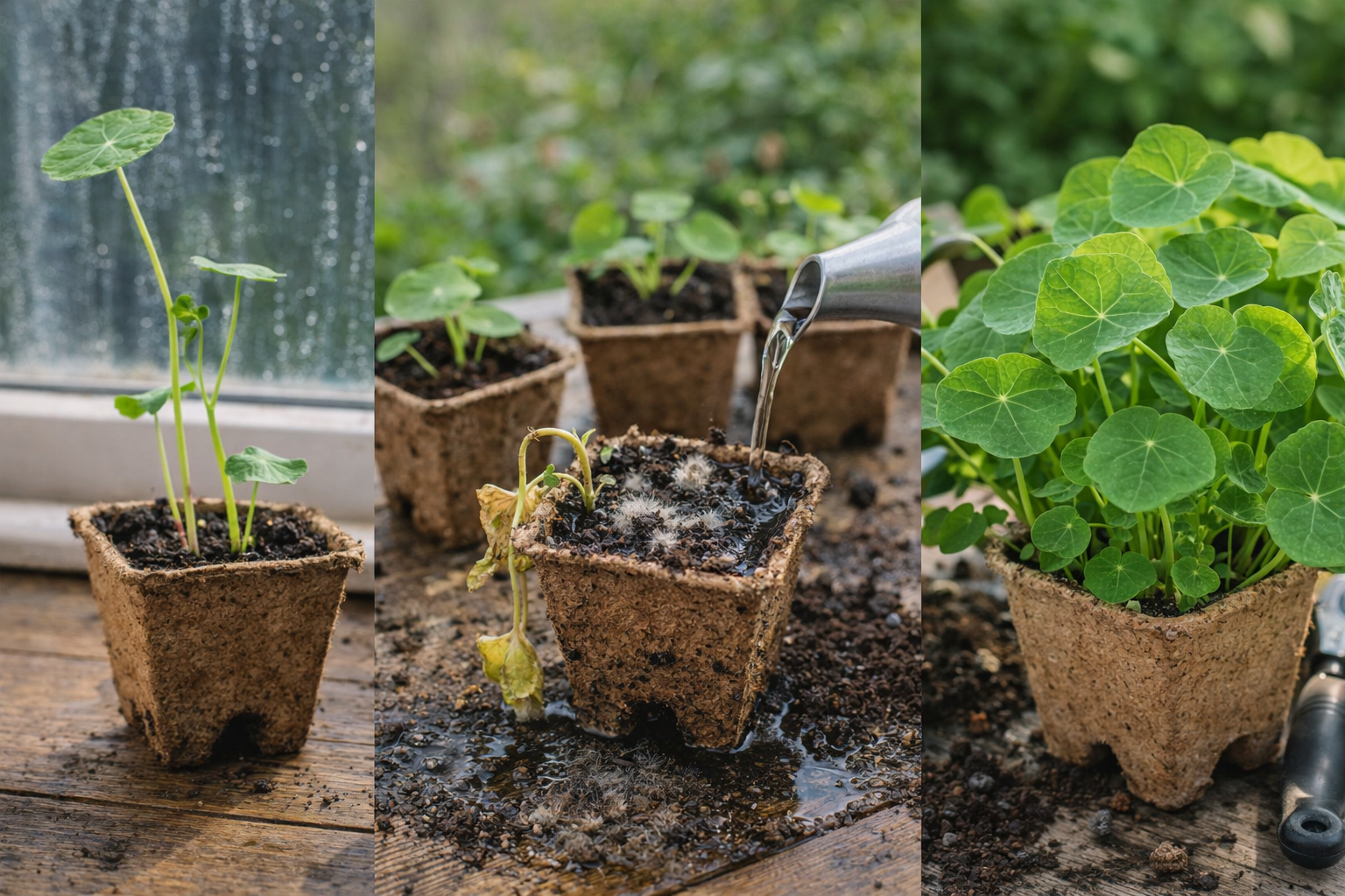 Comparison of healthy compact nasturtium seedlings beside leggy and overwatered seedlings in trays