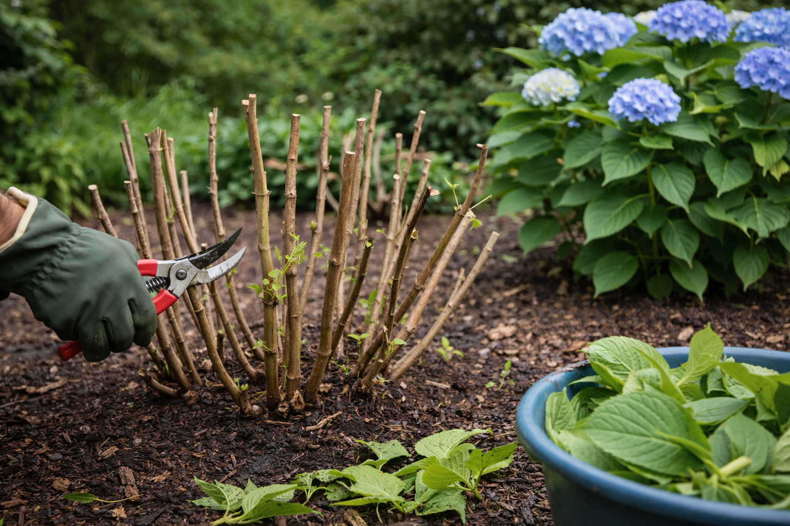 Hydrangea stems showing where to prune on old wood and new wood types
