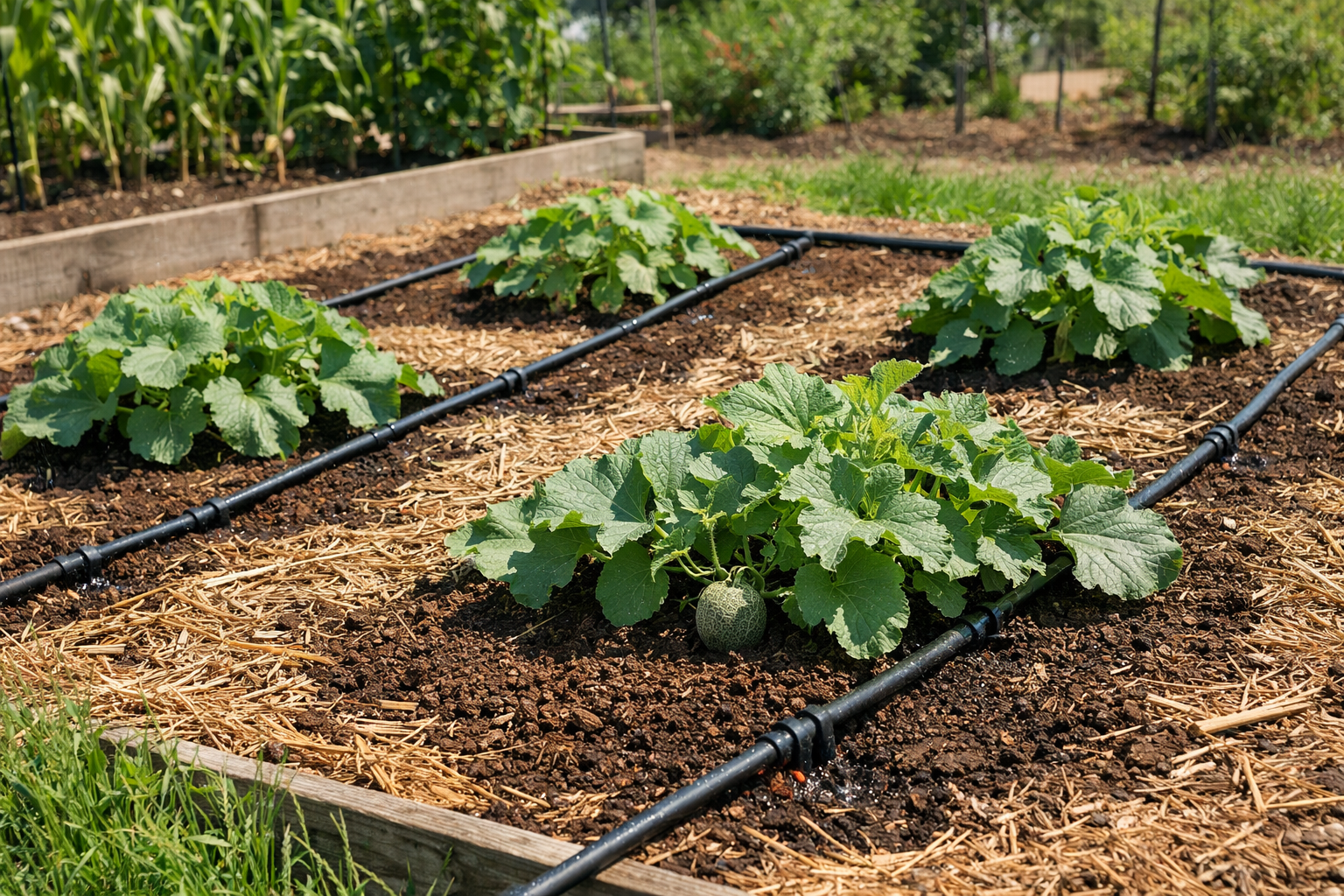 Cantaloupe plants spaced properly in a sunny garden bed with mulch and drip irrigation