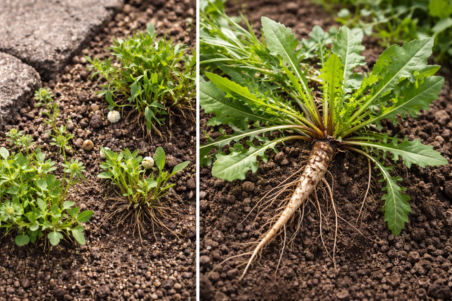 Small shallow-rooted weeds beside a mature dandelion with a deep taproot