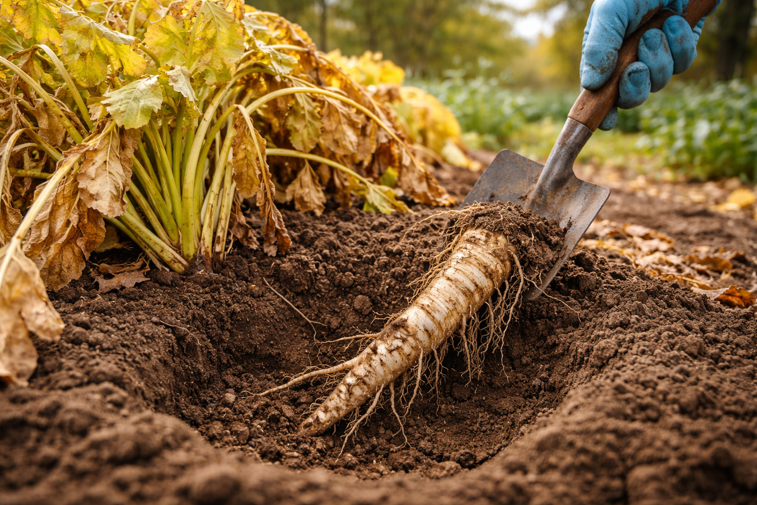 Horseradish plant with fading leaves and a freshly exposed mature root during a test dig