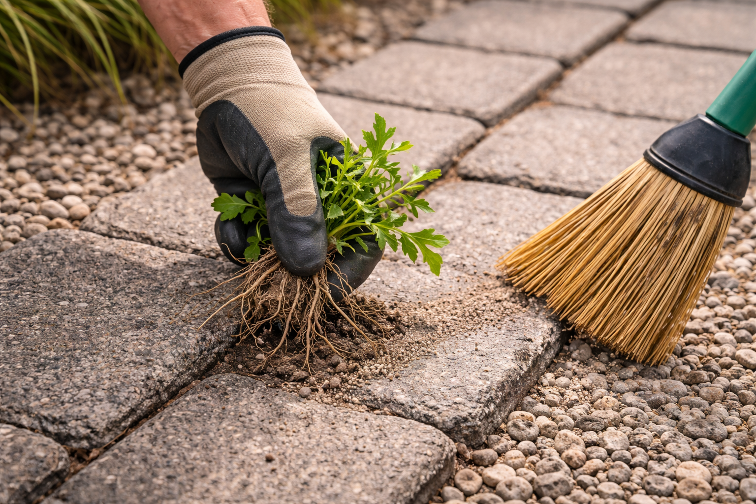 Hand pulling softened weeds from between pavers after hot water treatment