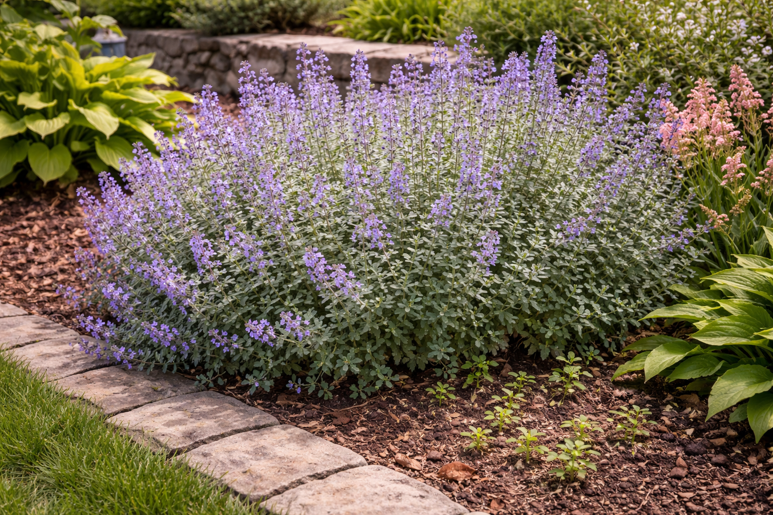 Catmint clump spreading beyond its space with small volunteer seedlings nearby