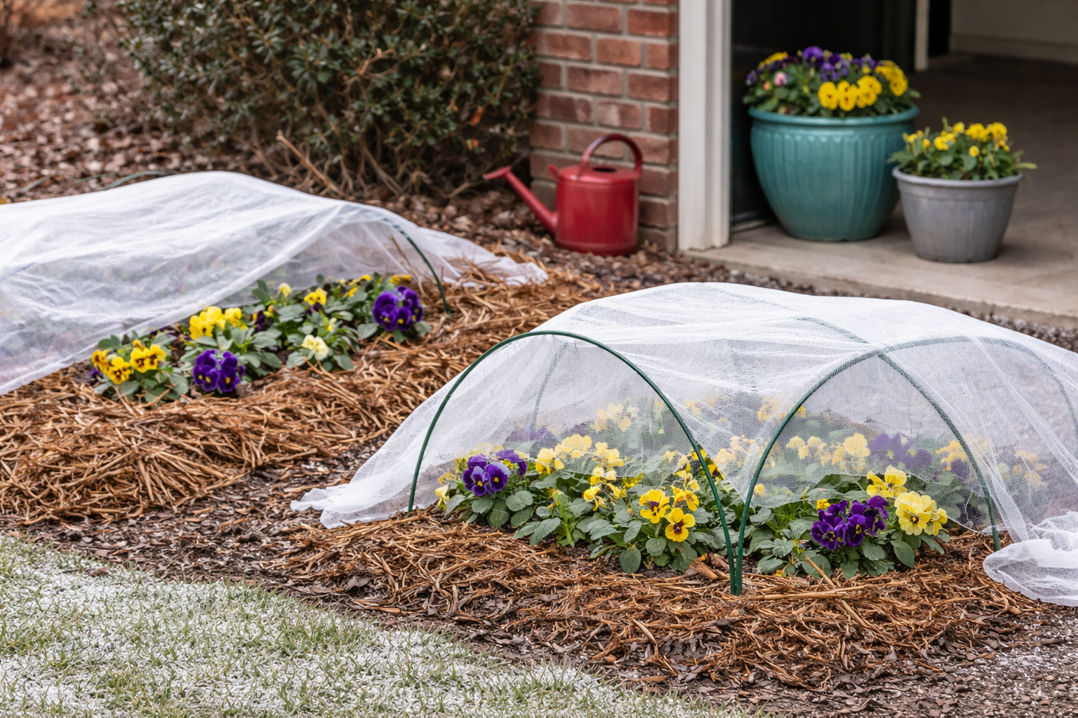 Pansy bed covered with frost cloth and mulch around the base during a cold snap