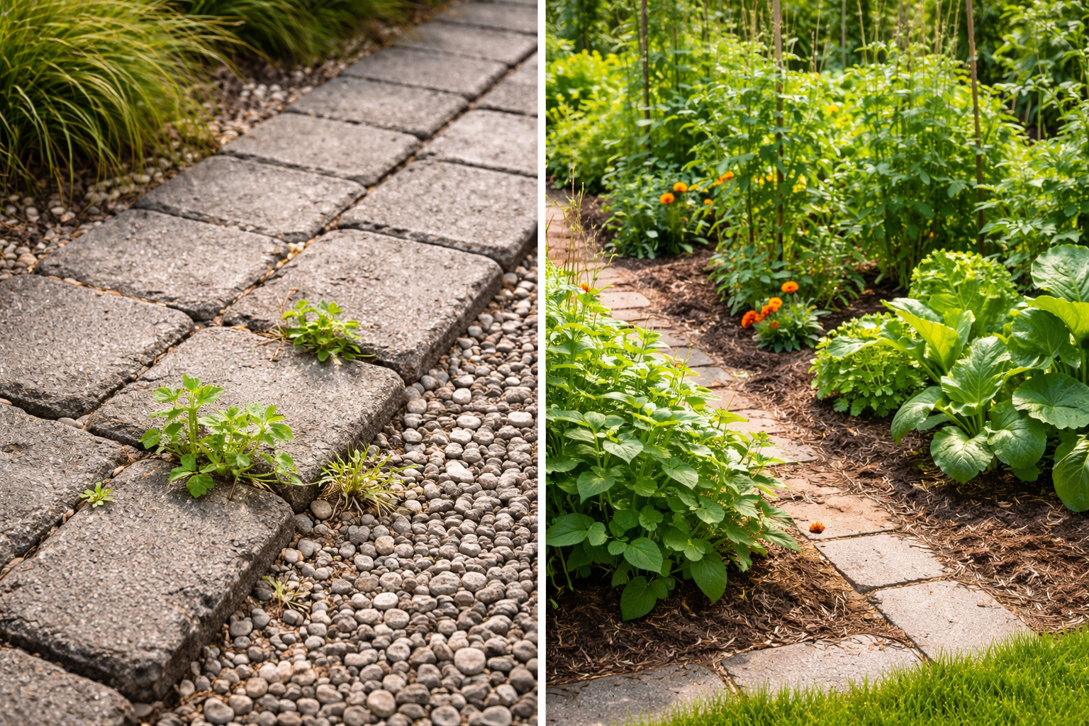 Weeds between patio pavers next to a flower bed showing safe and risky use areas