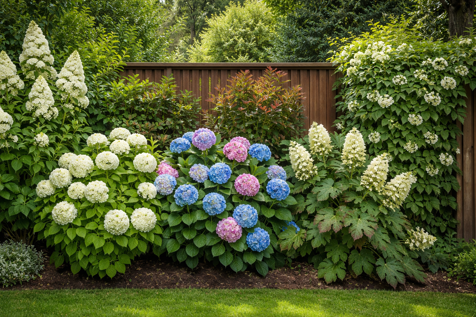 Comparison of panicle, smooth, bigleaf, oakleaf, and climbing hydrangeas in a garden