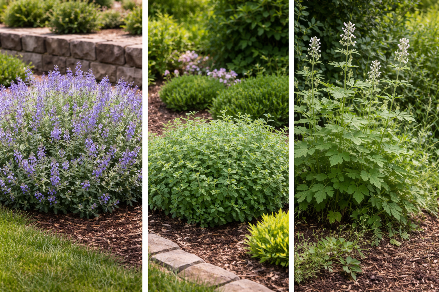Comparison of tidy ornamental Nepeta and looser catnip growth habits