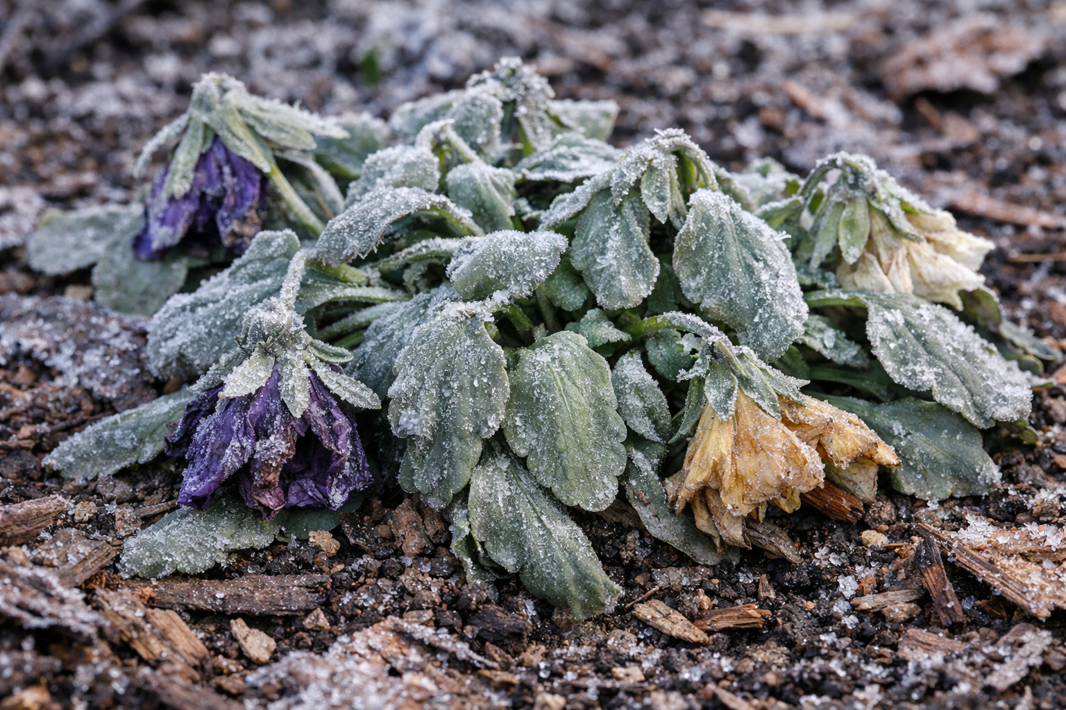 Close-up of frost-stressed pansies with limp gray-green leaves and damaged blooms