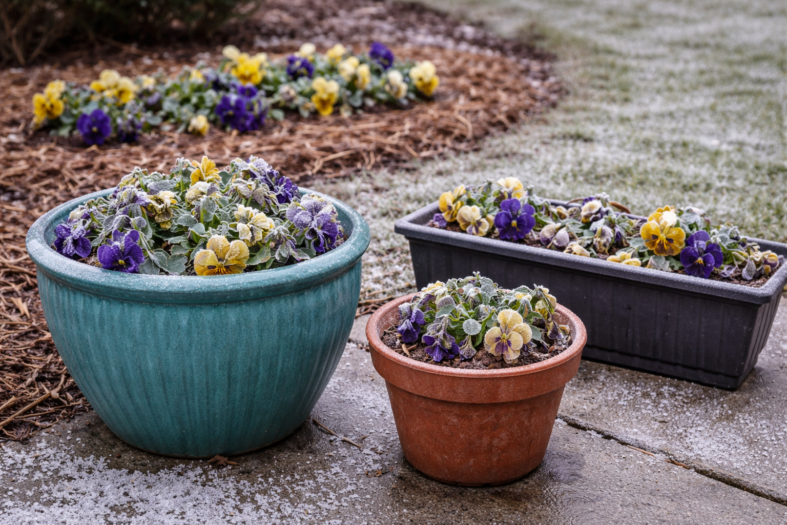 Potted pansies on a cold porch beside pansies planted in the ground near a wall