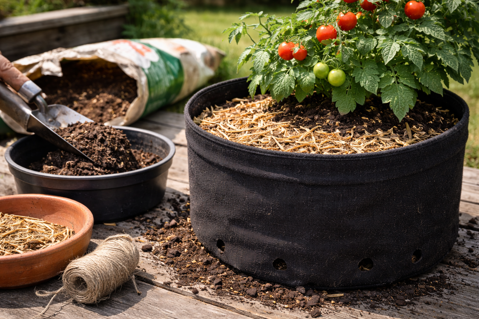 Cherry tomato container setup with soilless mix, drainage holes, mulch, and no gravel layer at the bottom