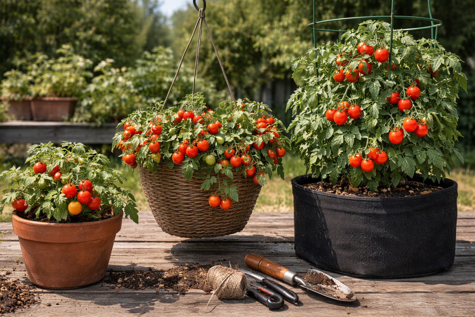 Compact dwarf cherry tomato, trailing basket tomato, and vigorous indeterminate cherry tomato shown side by side