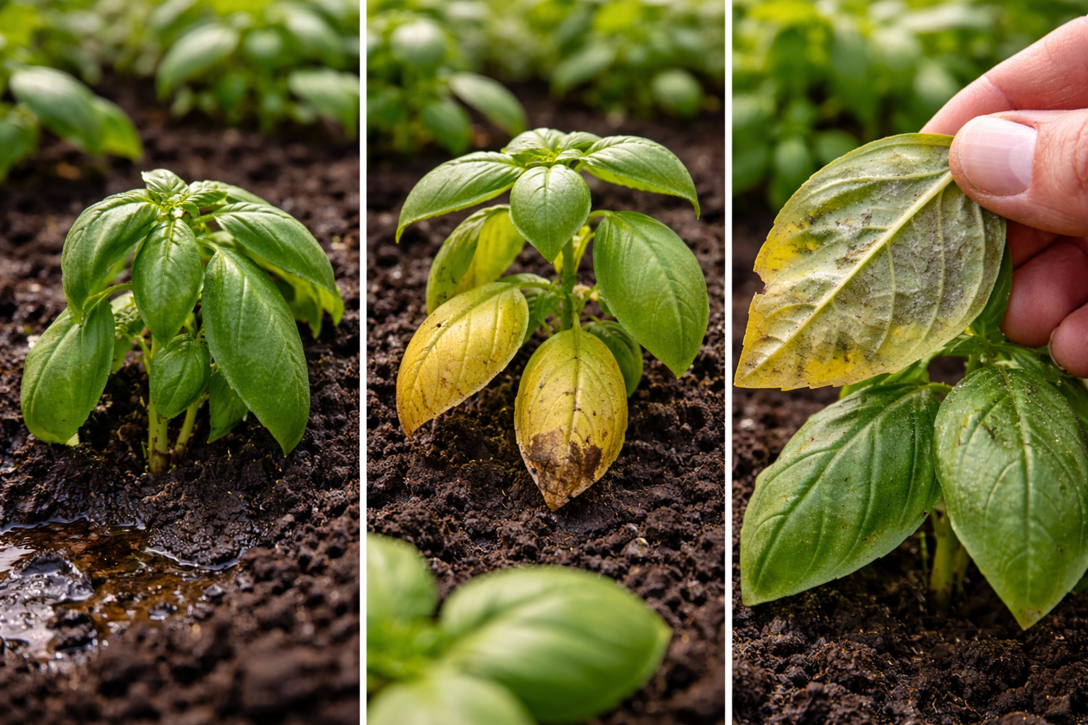 Basil leaves showing droop, yellow patches, and downy mildew on the undersides