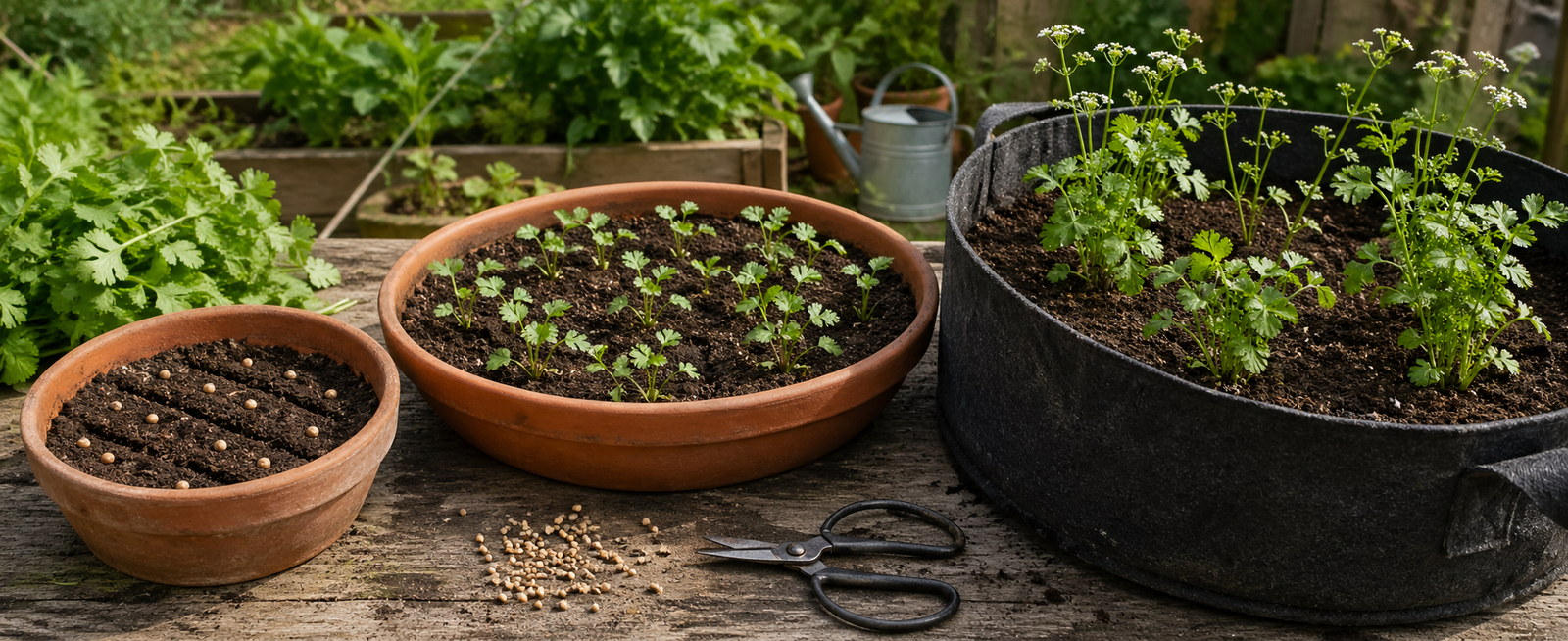 Cilantro seeds spaced in a wide pot before thinning