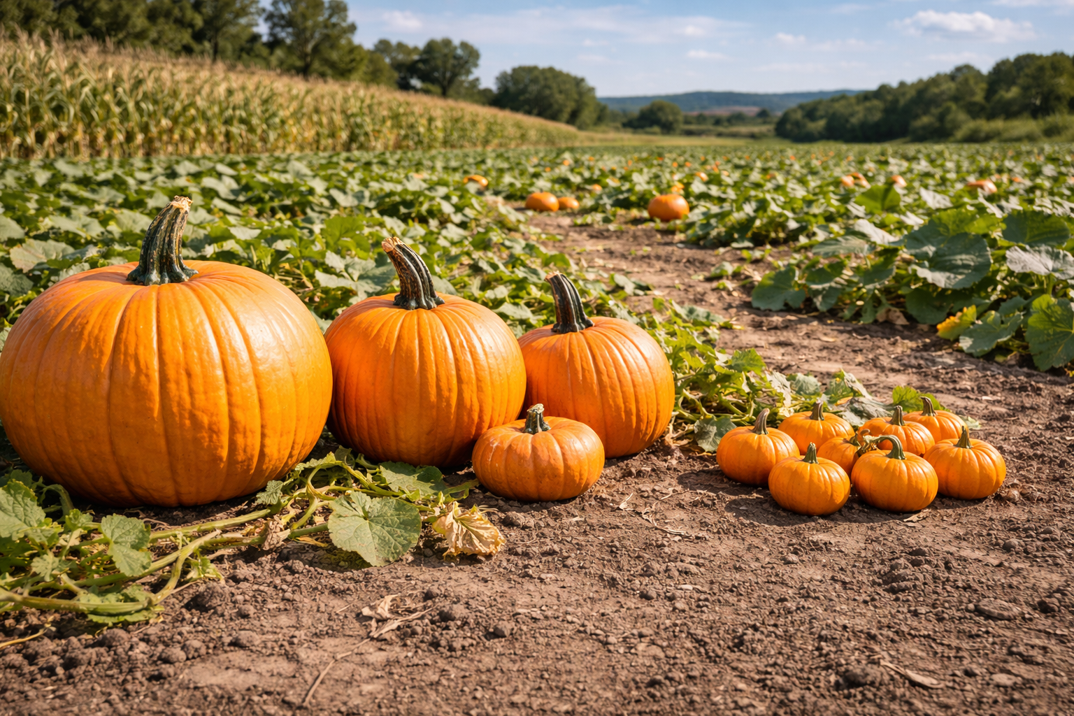 Side-by-side comparison of giant, carving, pie, and mini pumpkins in a garden