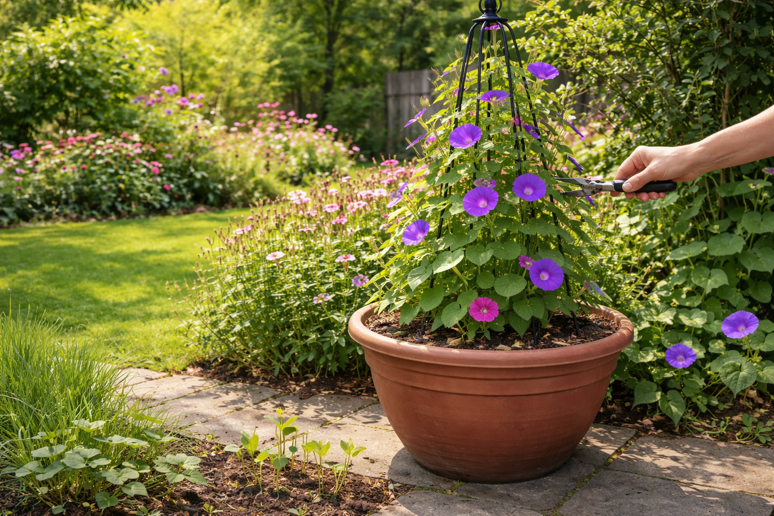 Morning glory growing in a container on a trellis with visible flowers and seedpods