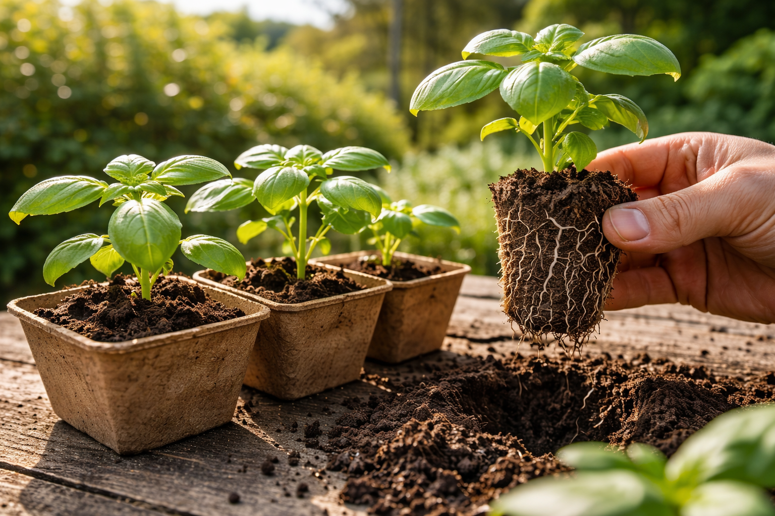Basil seedlings with several true leaves and a healthy root ball ready for transplant