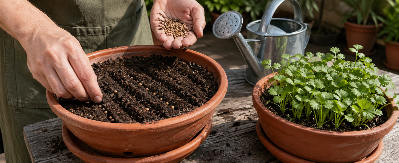 Hands planting cilantro seeds in shallow furrows in a terracotta pot