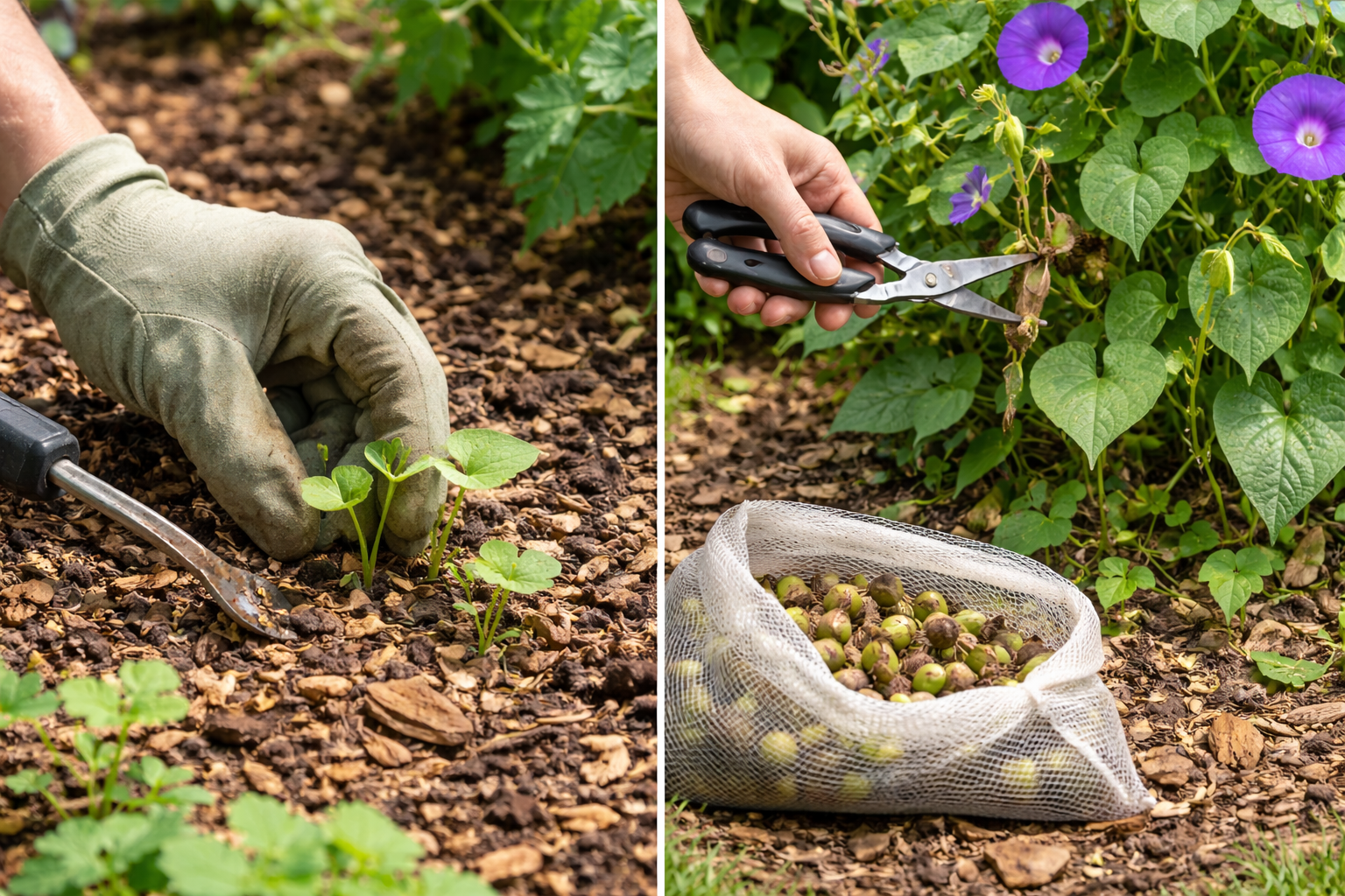 Young morning glory seedlings and seedpods being removed before the vine spreads