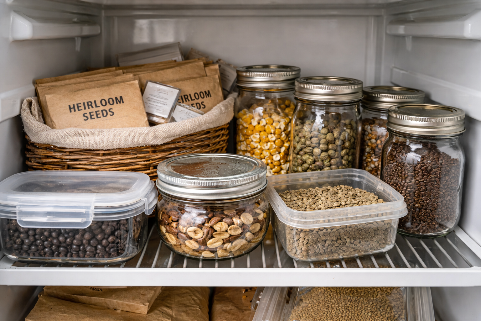 Heirloom seeds stored in paper packets and glass jars in a cool dry organized setup