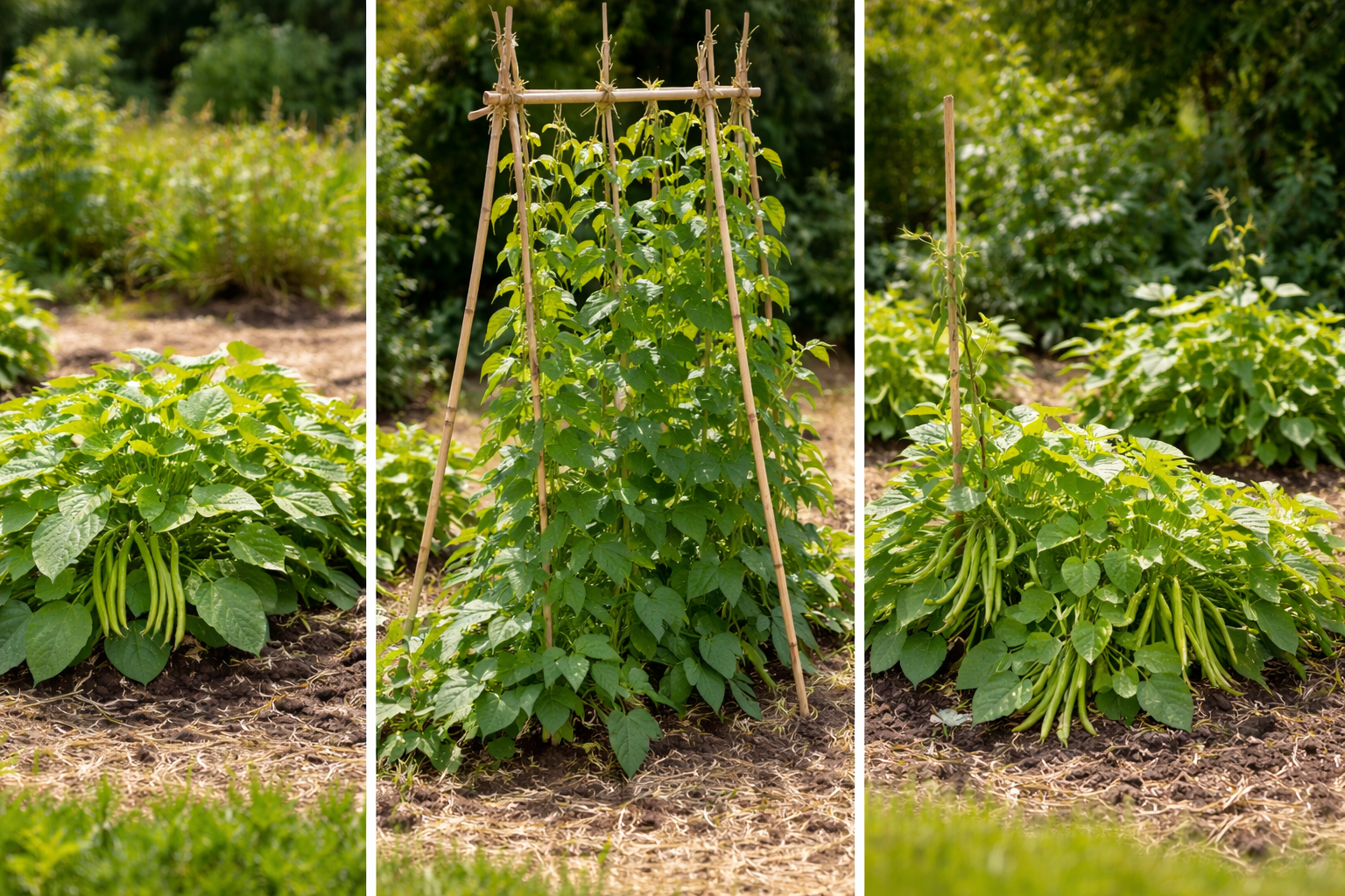 Bush bean, pole bean, and half-runner bean plants shown side by side with different growth habits
