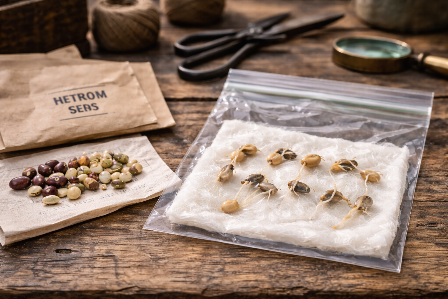 Paper towel germination test with heirloom seeds in a labeled bag beside a damp towel