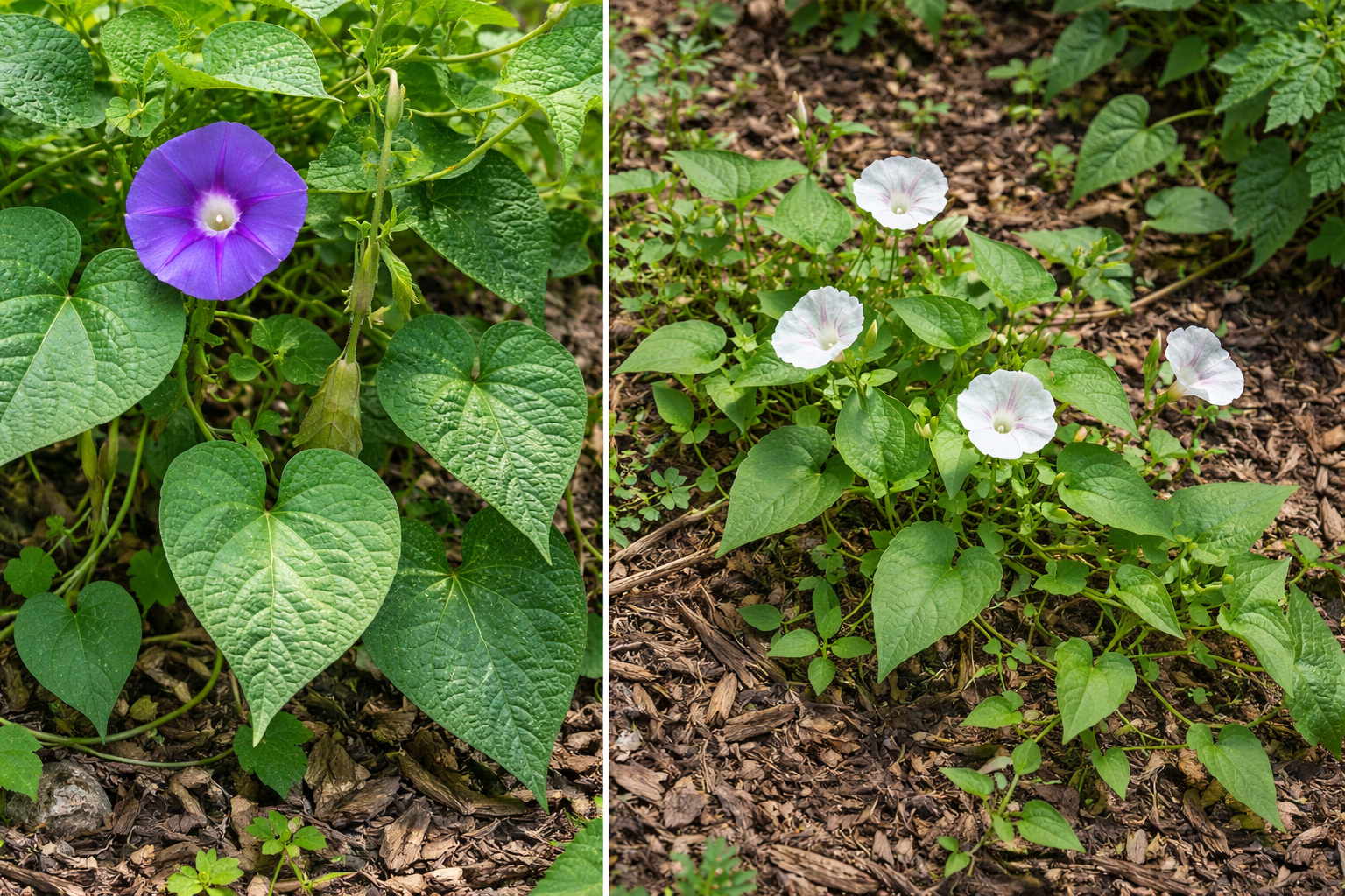 Side-by-side comparison of morning glory and bindweed leaves and vines in a garden