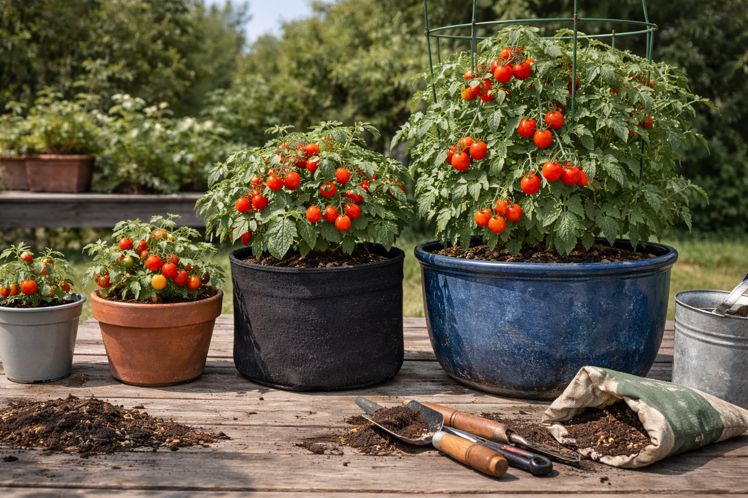 Different container sizes and materials for cherry tomatoes, including fabric, terracotta, plastic, and large pots