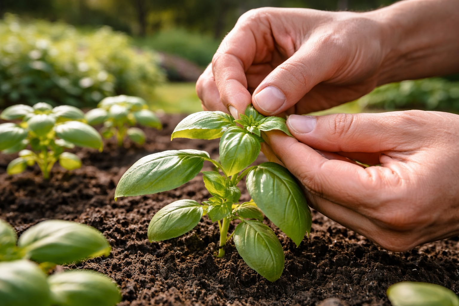 Close-up of basil seedling with the top growth pinched above a leaf pair