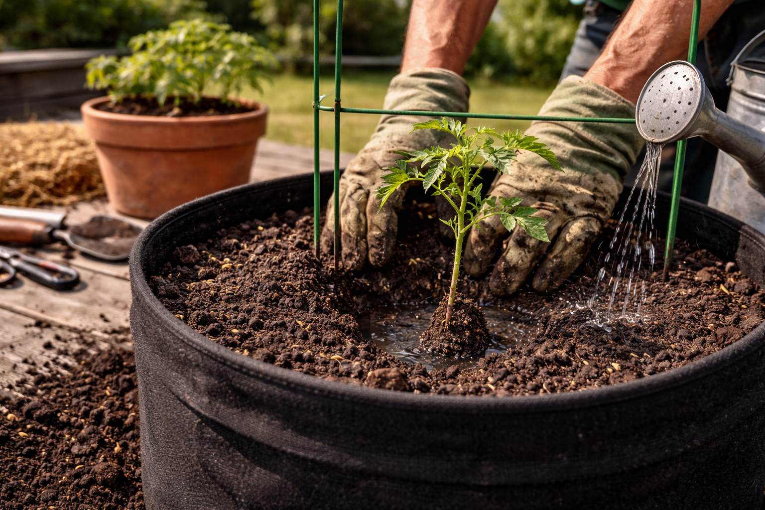 Cherry tomato seedling planted deeply in a container with lower leaves removed and stem buried