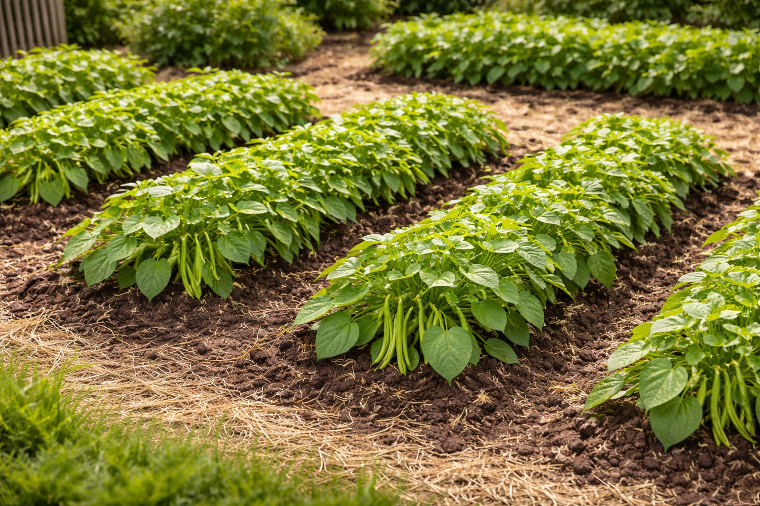 Proper bush bean row spacing in a garden bed showing compact plants supporting each other