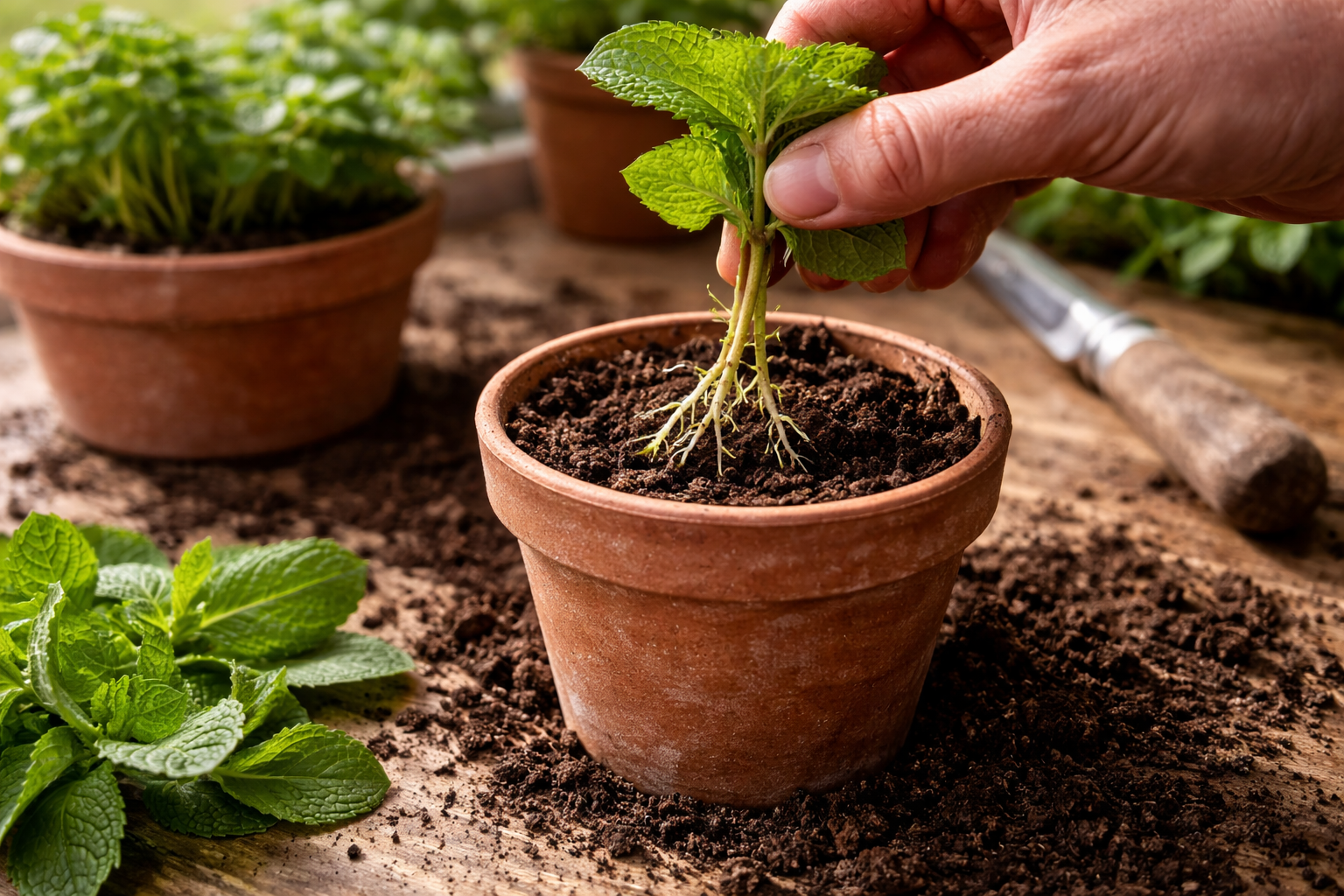 Rooted mint cutting being planted into a small pot with moist potting mix