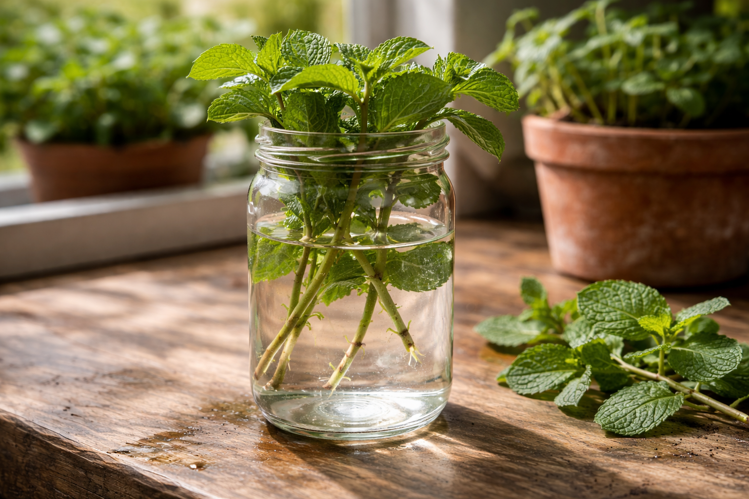 Mint cuttings rooting in a clear jar with leaves above the waterline