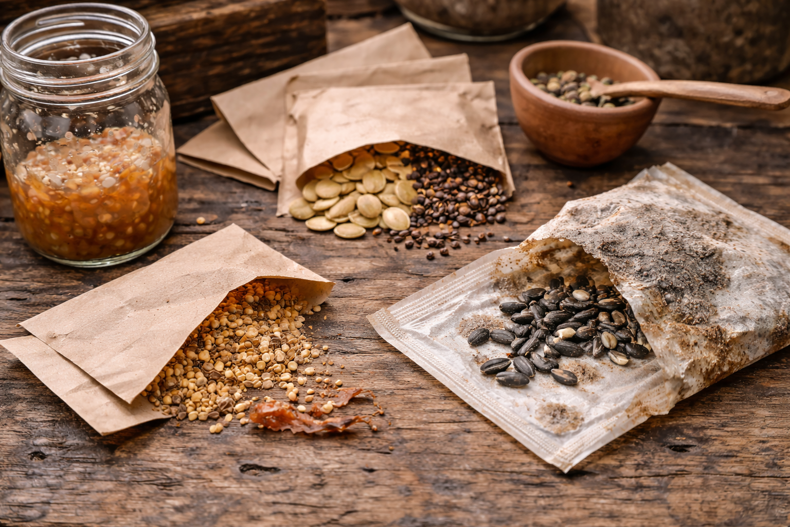 Close-up of home-saved heirloom seeds showing dry mature seeds, hard-coated seeds, and a damp damaged packet
