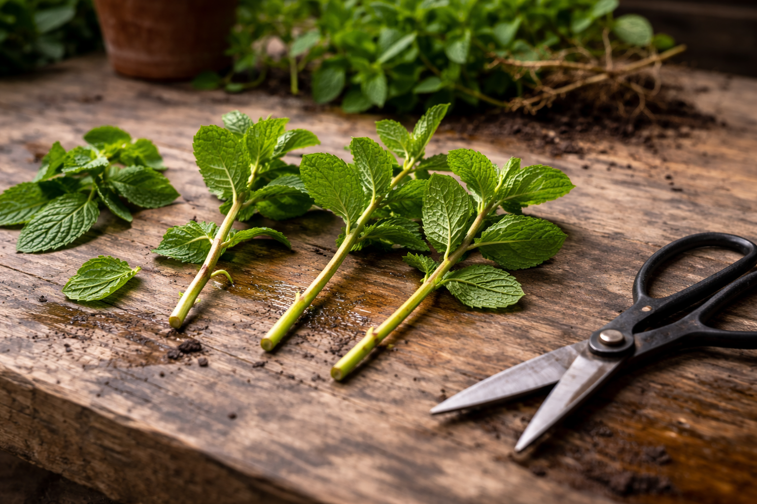 Close-up of healthy mint cuttings with visible leaf nodes and trimmed lower leaves