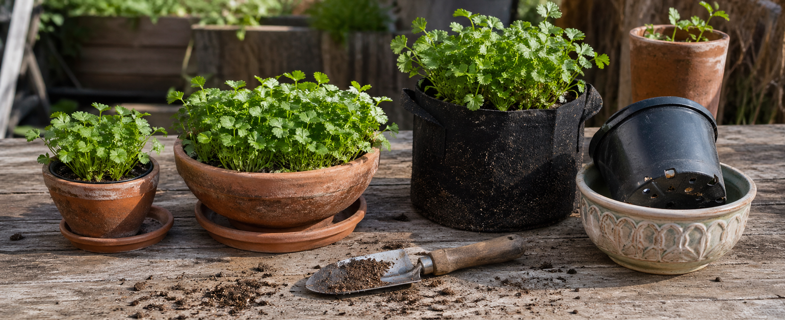 Different pot sizes for planting cilantro seeds with visible drainage holes
