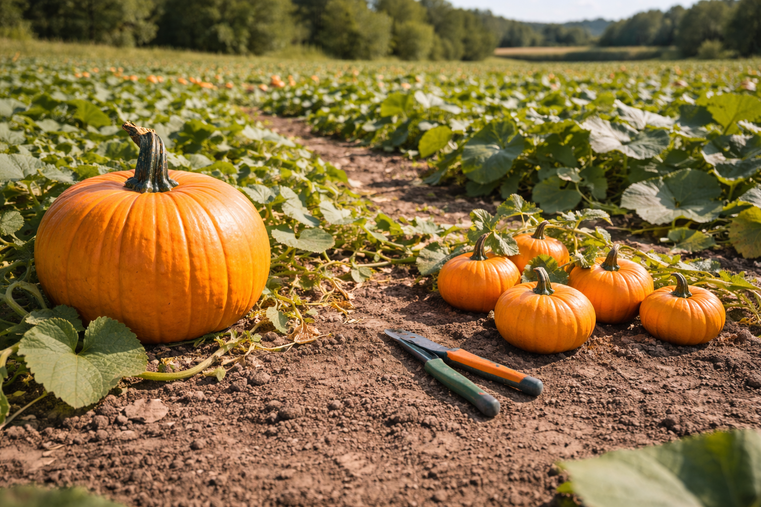 Pumpkin vine showing one large fruit versus several smaller fruits left on the plant